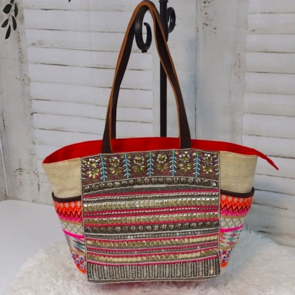 Big Buddha Beaded and Embroidered Tote, 13x12x6
